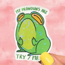 Frog Flipping The Bird, "MY PRONOUNS ARE TRY / ME" Attitude And Humor Funny Sticker - Waterproof Vinyl Sticker - Durable Matte Surface, Self-Adhesive Bumper Sticker, Suitable For Cars, Windows, Laptops, Trucks, Water Bottles - Multi-Purpose Durable Design, Car Sticker - Vinyl - View 1