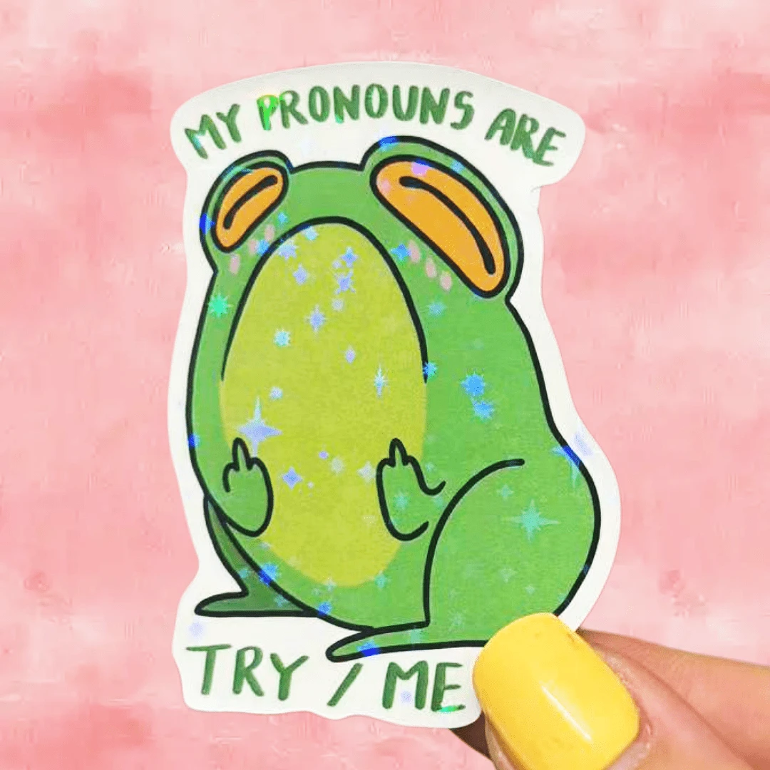 Frog Flipping The Bird, "MY PRONOUNS ARE TRY / ME" Attitude And Humor Funny Sticker - Waterproof Vinyl Sticker - Durable Matte Surface, Self-Adhesive Bumper Sticker, Suitable For Cars, Windows, Laptops, Trucks, Water Bottles - Multi-Purpose Durable Design, Car Sticker - Vinyl - View 1