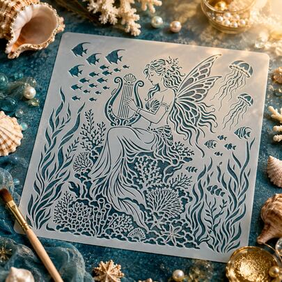 1Pc Mermaid Fairy Ocean Stencil, Reusable Hollow Art Drawing Template, Underwater Coral Fish Jellyfish Lyre Mermaid Wing Pattern Painting Stencil For Wall Canvas Fabric Leather Airbrush Spray DIY Craft Decor Supplies
