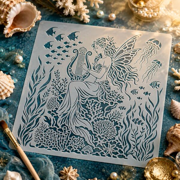 1Pc Mermaid Fairy Ocean Stencil, Reusable Hollow Art Drawing Template, Underwater Coral Fish Jellyfish Lyre Mermaid Wing Pattern Painting Stencil For Wall Canvas Fabric Leather Airbrush Spray DIY Craft Decor Supplies