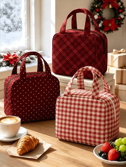 New Red Polka Dot Striped Print Handheld Lunch Bag, Christmas Theme Outdoor Picnic Storage Bag, Makeup Bag, Toiletry Bag, Travel Storage Bag, Lightweight Portable Handheld Travel Makeup Storage Bag, Toiletry Bag, Women's Small Handbag, Non-Food Contact Material, Daily Storage Bag, Outdoor Travel Luggage Storage Bag, Yoga Fitness Bag, Travel Luggage Organizer Bag, Portable Compact Style, Top Handle Makeup Bag, Simple Casual Large Capacity Commuter Bag, Fashion Polka Dot Shoulder Bag