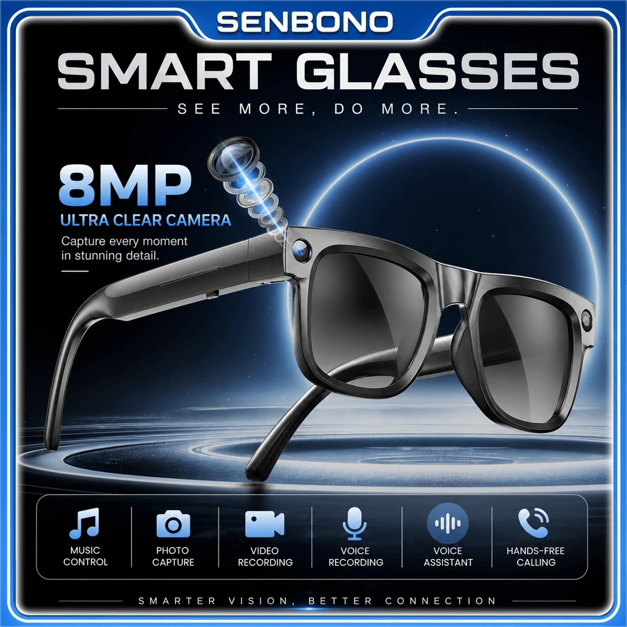 SENBONO Smart Glasses With 8MP HD Camera, Bluetooth Audio Eyewear With Built-In Speakers And Mic, Hands-Free Video Recording And Photo Taking, Compatible With IOS/Android For Men & Women - View 1