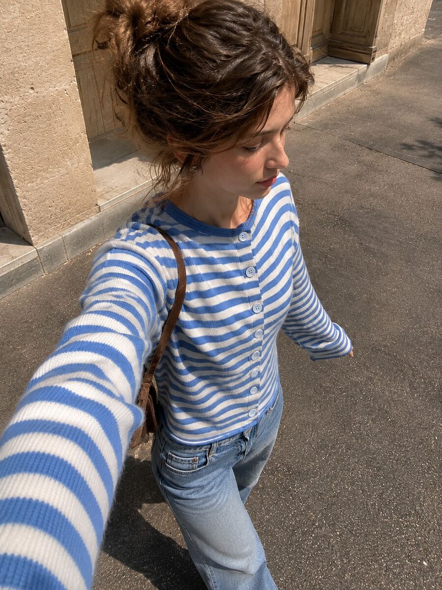 Women's Striped Knit Cardigan, Long Sleeve Round Neck Button-Front Top, Drop Shoulder Regular Hem, Medium Stretch For Spring Outfits - Multicolor - View 1