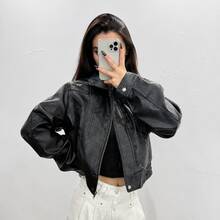 OFTBUY Solid Color Women's Short PU Leather Jacket With Lapel Collar, Zipper And Elastic Hem, Casual Commute Style For Autumn/Winter - Black - View 1