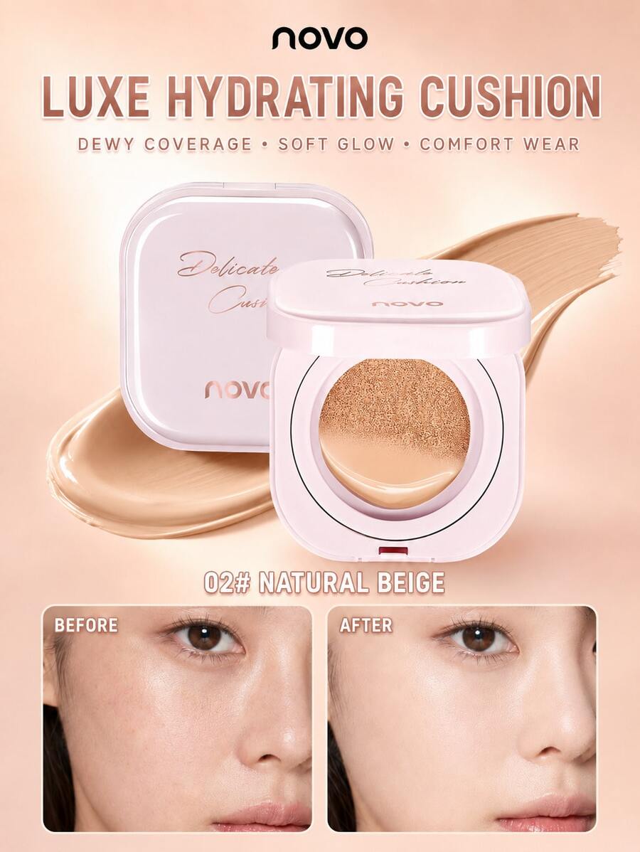 NOVO Phấn nền cushion che khuyết điểm dưỡng ẩm, làm mịn da và che phủ khuyết điểm, hộp phấn nén cầm tay tiện lợi dễ dặm lại, phù hợp trang điểm hàng ngày và hẹn hò ngoài trời - 02#Màu da tự nhiên - Xem 1