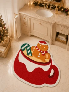 1pc Gingerbread Man Hot Cocoa Cup Velvet Rug, Room Decor, Indoor Door Mat, Living Room Carpet, Kitchen Mat, Bedroom Rug, Bathroom Mat, Washable Carpet, Home Decor, Bedroom Decoration, Non-Slip Wear-Resistant, Noise-Reducing Sound-Absorbing, Skin-Friendly Soft - Red - View 6
