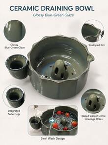 1/2pcs The Berry Swirl Ceramic Fruit Washing Bowl, Vortex Water Flow Side Inlet Design, Multi-Functional Strawberry, Blueberry And Small Fruit Colander, Quick Drainage Kitchen Strainer, Durable Ceramic Berry Washing Bowl, Suitable For Daily Home Food Preparation - Celadon Drain Bowl - View 8