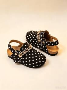 1 Pair Kids Polka Dot Canvas Buckle Half-Slingback Sandals, Adjustable Gold Rhinestone Chain Snap Strap, Anti-Slip Cork Sole, Versatile Casual Shoes For Home And Outdoor, Fashionable Dual-Use, Can Be Worn As Sandals Or Slippers - White - View 10