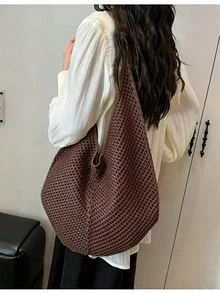 女款春季海灘包，鉤編包，大容量時尚托特包，單肩包，旅行必備，適合學生與商務女性 - 鏽棕色 - 查看 4