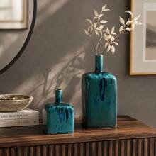Teal Blue Reactive Glaze Ceramic Vase, Modern Square Decorative Bottle Vase For Living Room, Dining Room, Entryway, Shelf & Tabletop Home Decor, 2 Sizes - 1PC - View 1
