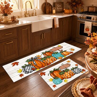 1pc, Colorful Pumpkin Pattern Printed Diatomaceous Earth Kitchen Mat, Absorbent Kitchen Floor Mat, Kitchen Carpet, Long Strip Foot Mat, Sink Front Mat, Thanksgiving, Can Be Used As Thanksgiving Gift, Thanksgiving Decoration, Suitable For Kitchen, Bathroom, Entryway, Hallway, Laundry Room And Home Decor