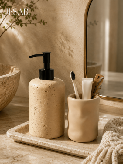 1 pieza/2 piezas Decoración de baño estilo Wabi Sabi Ins con textura de piedra de cueva falsa de resina, dispensador de jabón líquido y soporte para cepillo de dientes, cuadrado y redondo, color crema beige y blanco roto, accesorios minimalistas para encimera de lavabo, regalo