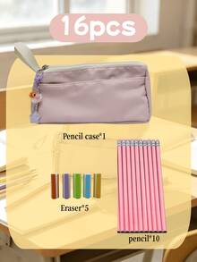 Cream Style Double-Layer Pencil Case Stationery Set, Includes Large Capacity Pencil Case, 10 Pencils And 5 Colored Erasers, Complete Set Of Daily Writing Supplies. Simple And Soft Macaron Color Scheme, Cute And Healing, Popular Among Students. The Pencil Case Features A Double-Layer Partition Design, Large Opening With Expanded Space, Smooth Zipper Opening And Closing, Paired With Cute Cartoon Pendant, Outstanding Appearance. - Sets - View 7
