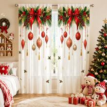 2PCS Red‑Gold Christmas Ornaments And Bows Print Light Sheer Curtains, Semi-Sheer For Privacy Protection. Easy Rod Pocket Installation,Fade-Resistant After Washing, Lightweight And Washable. Ideal For Home, Room And Kitchen Decor & Space Dividers. - Multicolor - View 5