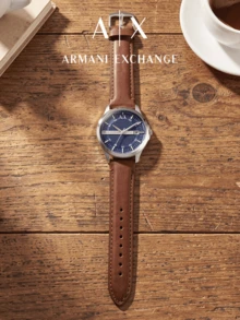 Armani Exchange Hampton 46mm Silver Stainless Steel Men Watch Brown Genuine Leather Strap Blue Grid Dial Date AX2133 - Silver - View 5