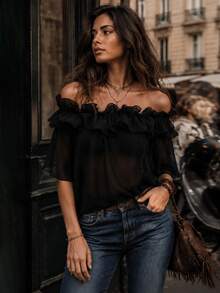 2026 New Off-Shoulder Top, Navy Blue Shirt, Ruffle Top, Double Layer Ruffle, Dark Blue Solid Color, Midnight Blue, Plus Size Friendly Black Summer - Black - View 3