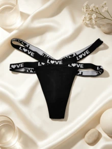 6pcs Women's T-Back Thong Panties, LOVE Letter Heart Print Cross Elastic Band Underwear Multi-Pack - Multicolor - View 2
