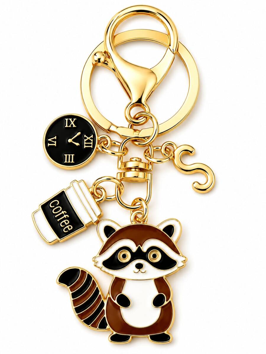 1pc Raccoon Coffee Theme Gold Keychain, Girls Bag Decoration Pendant, Niche Design Raccoon Coffee Cup Key Ring, Coffee Cup Clock Element Creative Car Key Pendant, Keychain, Key Ring, Car Keychain - Multicolor Raccoon Coffee Mug - View 1