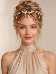 Grecian Gold Leaf Crystal Head Chain With Tassels, Boho Bridal Forehead Headpiece For Wedding - Gold - View 2
