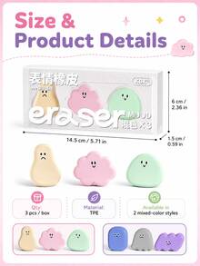 3pcs Cute Expression Eraser Set, TPE Crumb-Free Pencil Erasers, Cartoon Clean Erasers For Kids, Kindergarten, Students & School Supplies - Multicolor - View 7