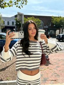 Women Gray&White Knit 2-Piece Set Asymmetrical Shoulder Loose Sweater Knit Shorts Fall Daily Home Wear Short Trips Photogenic Matching Sweater Outfit - Grey - View 3