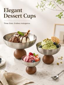 1pc Stainless Steel Ice Cream Cup, Dessert Bowl, Round Wooden Base Pudding Cup, Salad Fruit Yogurt Cup, Suitable For Party Use - Silver - View 7