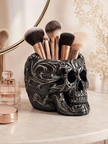 Skull Victorian Gothic Decorative Storage Cylinder | Gothic Bathroom Supplies, Black Desktop Storage Boxes And Accessories | Gothic Halloween Desktop Decoration - 3.35 Inches - A - View 3