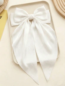 1件白色絲綢緞面大號長尾蝴蝶結髮夾，特大號法式新娘髮飾，女款女孩白色蝴蝶結髮夾 - 白色 - 查看 5