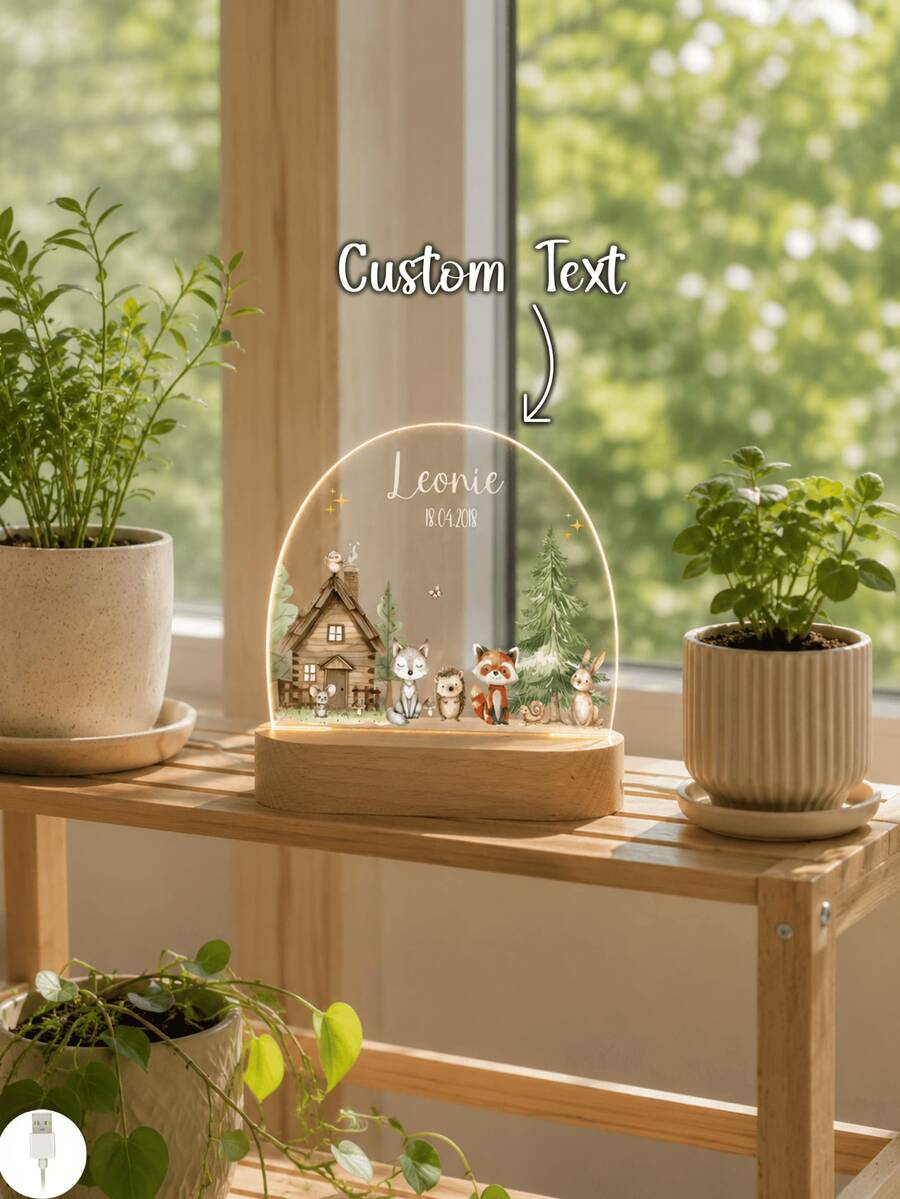 Custom Personalized Woodland Animal Acrylic Night Light, Name And Date LED Table Lamp With Forest Cabin, Fox, Rabbit And Hedgehog Design, Warm Glow Home Decor, Unique Family Keepsake Gift, Entryway Shelf And Bedside Decoration - Multicolor 3 - View 1