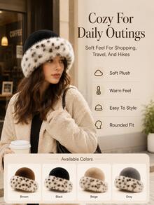 Fashionable Fluffy Faux Fur Headwear: Warm And Comfortable Winter Accessory. Featuring A Thick And Warm Open-Top Design, Suitable For Shopping, Skiing Or Traveling; Snow Leopard Print, Perfect Gift For Skiers. - Multicolor - View 3