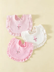 3pcs Soft Comfortable Pure Cotton Crepe 26 Letter Embroidered Ruffle Edge Cute Baby Bibs, Princess Style Lace Design, Suitable For All Seasons, Baby Feeding Drool Bibs - Multicolor - View 11