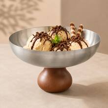 1pc Stainless Steel Ice Cream Cup, Dessert Bowl, Round Wooden Base Pudding Cup, Salad Fruit Yogurt Cup, Suitable For Party Use - Silver - View 2