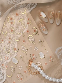 1片 5D 溫柔奢華法式宮廷風金邊花卉美甲貼紙，自黏式美甲裝飾配件 - 彩色 - 查看 5