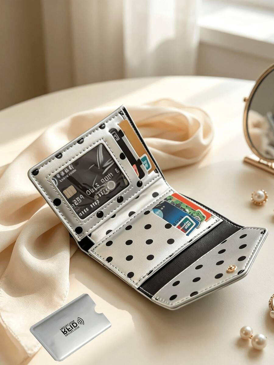 Polka Dot Bow Decor Short Wallet, Envelope Style Card Holder Purse, Multi‑Slot Coin Pouch, Cute PU Leather Mini Wallet For Women Girls, Daily Use Small Purse For Cards Cash Coins