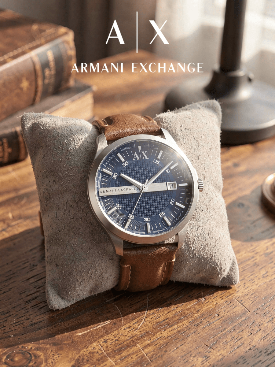 Armani Exchange Men Quartz Wrist Watch AX2133, Silver Round Case Textured Dark‑Blue Dial Date Display, Casual Sport Timepiece For Male Daily Occasions