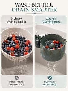 1/2pcs The Berry Swirl Ceramic Fruit Washing Bowl, Vortex Water Flow Side Inlet Design, Multi-Functional Strawberry, Blueberry And Small Fruit Colander, Quick Drainage Kitchen Strainer, Durable Ceramic Berry Washing Bowl, Suitable For Daily Home Food Preparation - Celadon Drain Bowl - View 9