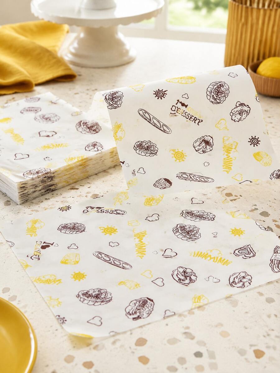 100pcs/500pcs Cute Doodle Print Greaseproof Food Wrapping Paper, Suitable For Hamburgers, Sandwiches, Cakes, Baking Trays, Bakery, Restaurant, Party Supplies, Random Pattern Distribution - Multicolor - View 1