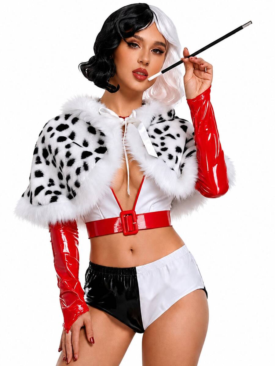 1pc Women's Dalmatian Spotted Rabbit Leopard Print Shawl, New Black & White Hooded Premium Halloween Party Cosplay Outfit - Black and White Polka Dots - View 1