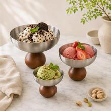 1pc Stainless Steel Ice Cream Cup, Dessert Bowl, Round Wooden Base Pudding Cup, Salad Fruit Yogurt Cup, Suitable For Party Use - Silver - View 8