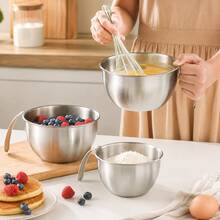 4-Piece CY Mixing Bowl Set With Handles: Stainless Steel Bowls Featuring Measurement Markings, Handles, And Strainers. This Multifunctional Set Is Designed For Mixing Batters, Eggs, And Cream, As Well As For Washing And Draining Fruit, Rice, And Beans. - View 10