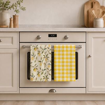 2pcs Lemon Plant Pattern Kitchen Towel Set, Fresh Country Style Rectangular Towels, Single-Sided Printed Design With Yellow Lemon And Green Leaf Pattern, Paired With Bright Yellow Plaid Elements, Suitable For Kitchen Oven Hanging, Dish Washing, Daily Home Decor, All Seasons And Holiday Celebration Scenes