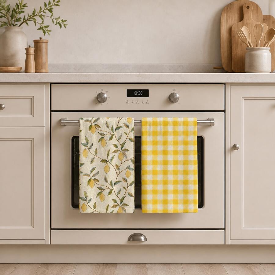 2pcs Lemon Plant Pattern Kitchen Towel Set, Fresh Country Style Rectangular Towels, Single-Sided Printed Design With Yellow Lemon And Green Leaf Pattern, Paired With Bright Yellow Plaid Elements, Suitable For Kitchen Oven Hanging, Dish Washing, Daily Home Decor, All Seasons And Holiday Celebration Scenes - Multicolor - View 1