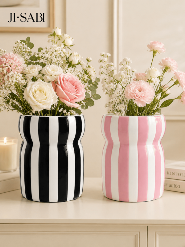 1pc Colorful Striped Vase, Wavy Curved Wide Mouth Flower Vase, Multicolor Red Blue Pink Black Brown White Stripe Decor Vase, Modern Aesthetic Table Centerpiece For Fresh Dried Flowers, Living Room Kitchen Home Decor