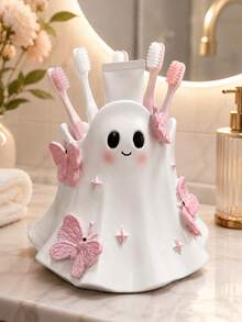 1pc Cute Ghost Toothbrush Holder With Pink Butterfly Decoration, Japanese Style Cute Bathroom Storage Rack, Can Store Toothbrush And Toothpaste, Halloween Ghost Decoration, Vanity Countertop Storage, Aesthetic Room Decor, Spooky Season Home Decor, Gift For Women And Girls - Multicolor - View 9