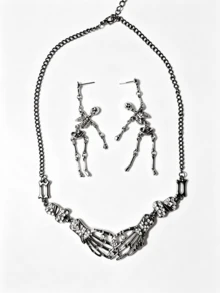 3pcs Halloween Dark Gothic Punk Skull Earrings & Necklace Set, Includes Skull Dangle Earrings And Skull Palm Spliced Necklace, Suitable For Halloween Party, Rock Music Festival And Subculture Themed Looks, Wearing The Set Enhances Visual Impact, Eye-Catching Accessories, Perfect Gift For Gothic Lovers (Necklace Color Is Gunmetal Black) - Multicolor 3 - View 10