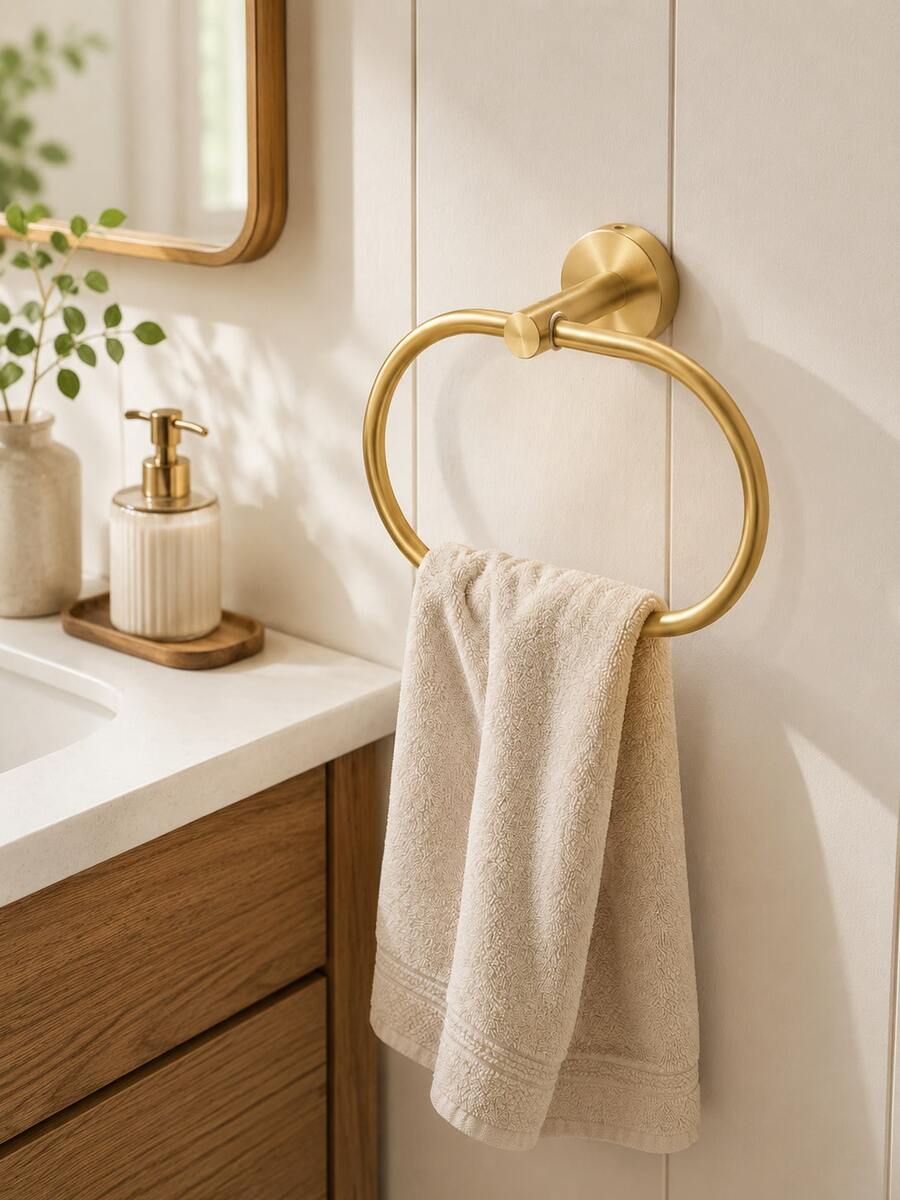 1 Pc Oval Stainless Steel Towel Ring, Screw Mounted Hand Towel Holder With 180° Pivoting Design, Sturdy Strong Support, Waterproof Rust-Resistant Wall Mounted Towel Hanger, Black Silver Gold Options For Bathroom, Vanity, Powder Room, Bathroom Refresh - View 1