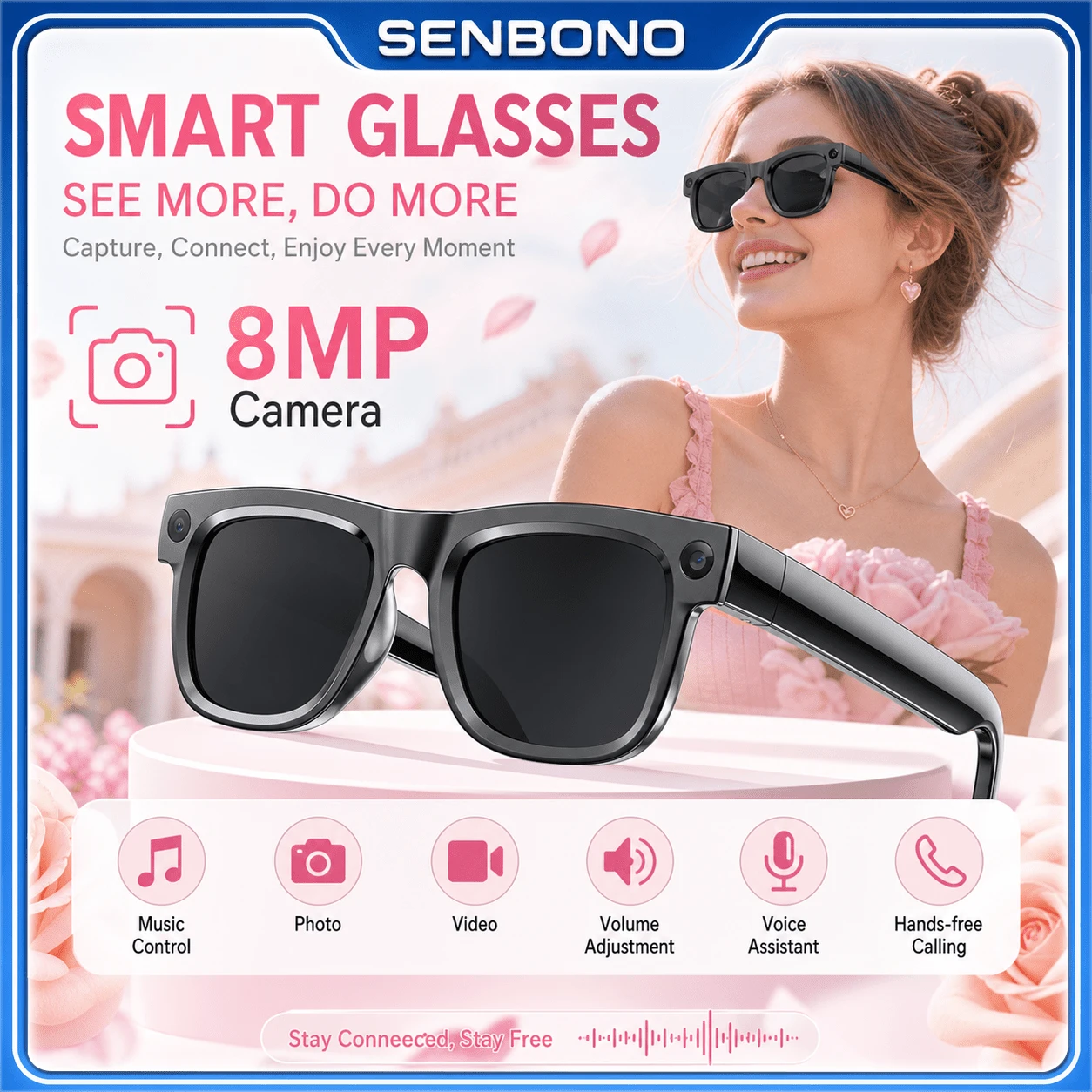 SENBONO 2026 New 8PM Camera Smart Glasses Video, Audio Recording, Capture Even Offline And Sync To App Later, AI Voice Assistant, Travel Cycling,Perfect For First-Person Life Recording, Suitable Halloween And Christmas Gifts - View 1