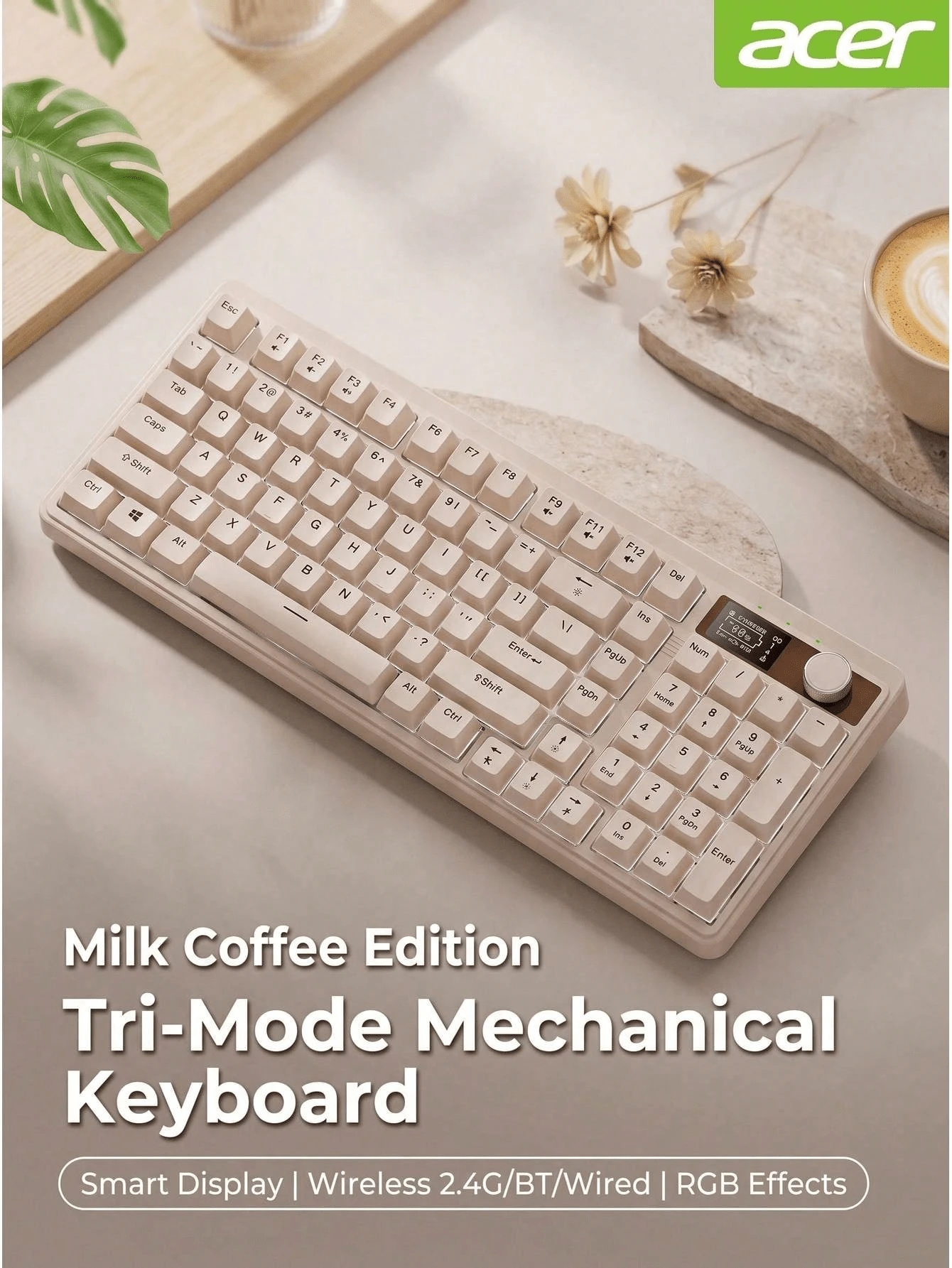 Acer OKW222 3-Mode Mechanical Feel Backlit Gaming Keyboard With Display, Compatible With PC, Laptop, And Office Use - View 1