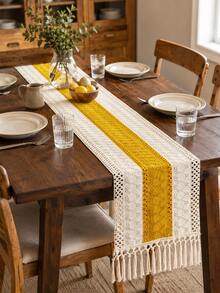 Bohemian Style Striped Table Runner, Yellow And White Woven Tassel Tablecloth, Farmhouse Style Hollow Crochet Placemat, Country Style Dining Table Centerpiece, Suitable For Dining Table, Birthday, Coffee Table, Wedding And Home Gathering - Middle Yellow - View 7