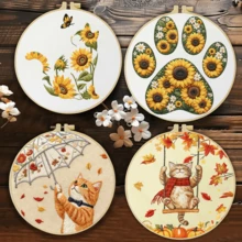 1 buah, ukuran 20*20cm/7.9*7.9in, Kit Bordir Kucing dan Bunga Matahari, Set Bordir Buatan Tangan DIY untuk Pemula Dewasa, Hadiah Rumah, Hadiah Menjahit untuk Wanita, Termasuk Panduan Pengguna, Kain Pola Cetak, Bingkai Bordir, Jarum dan Benang. - Kucing Bunga Matahari - View 2